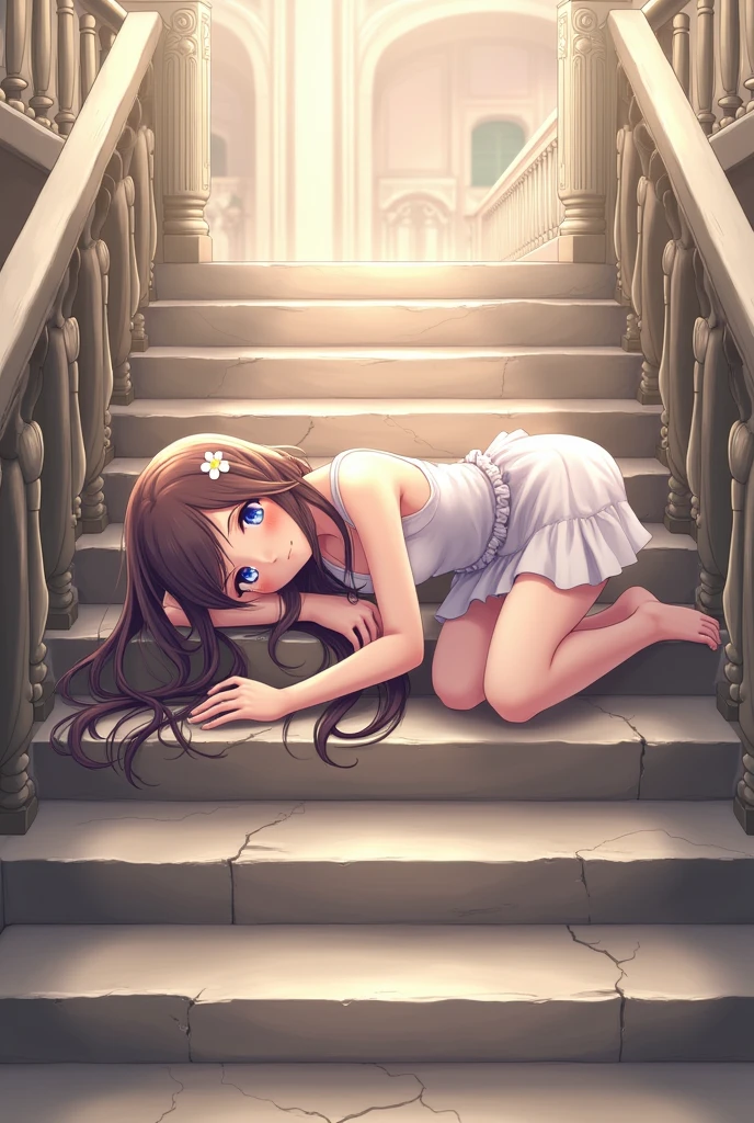 An anime style girl lying on the stairs near the ground with her head resting on one of the front steps