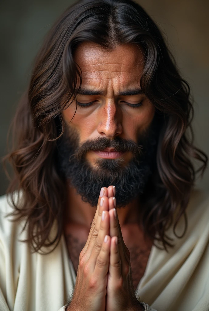 homem arafed com cabelos longos e barba orando, Retrato de Jesus Cristo, Jesus Cristo, Jesus, Vestido como Jesus Cristo, jesus of nazareth, rosto de Jesus, renderizado em 4K, beautiful man, jesus wasted at a , with his hands in his hair, Shutterstock, holy man looking down at the ground, foto de retrato detalhada