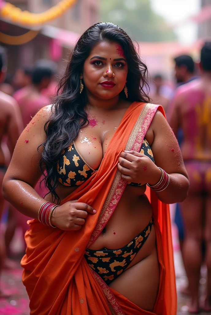 Indian married DESI BHABHI BRIDE,WET, BBW Full wet body picture, wet BBW Fat ass curvy milf woman IS LIFTING HER wet SAREE UP and showing her big curvy big ass in SMALL black COW pattern THONG and sexy sleeveless blouse in many red bangles, earings, lipstick, Holi festival colourful, wet slutty body, sexy,mehandi henna on both hands, with other men in jeans ,WET body, wet hair,Applying Sindoor (vermilion) in the parting of the hair
