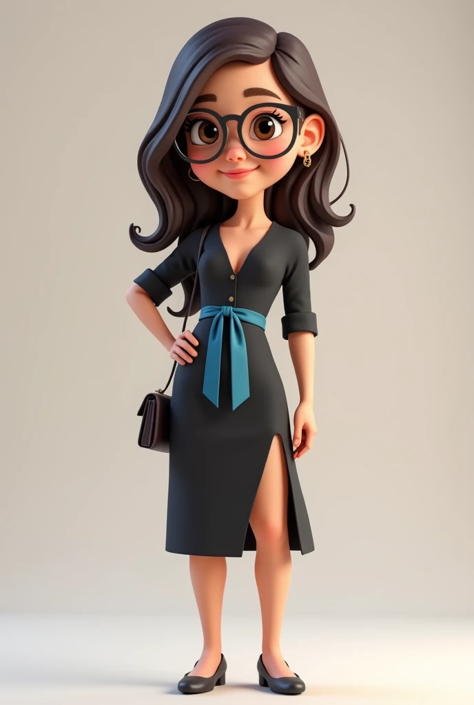 A full body 3D cartoon character. She has a friendly and charismatic appearance. The character is a young woman with fair skin, loose dark brown hair, thick eyebrows, large brown eyes and wears glasses. She is smiling confidently. The character is dressed formally, wearing a black dress with a blue sash at the waist. She is holding up a cell phone in one hand. Your posture and relaxed posture suggest confidence and ease. The background of the image is neutral, which highlights the character even more.