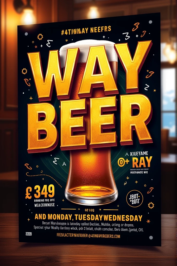 A bar flyer with the name way beer written promotion of the week Monday second glass free Tuesday third glass free Wednesday fourth glass free