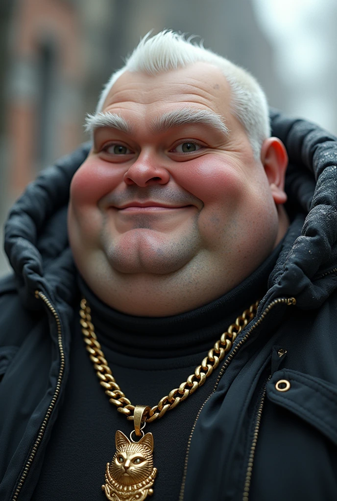 make the fat face of a fat young man in 4K quality and short white hair on top on the side a gradient until bald, wearing a black winter jacket with oedra jewelry wearing a hood over his head,wearing a gold necklace with a cat on the pendant. as if parading