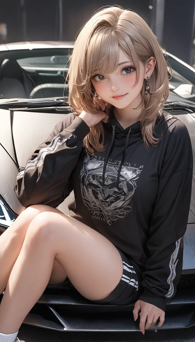 Masterpiece, Cute girl black sweatshirt shorts, sitting on a Lamborghini, best HD quality 