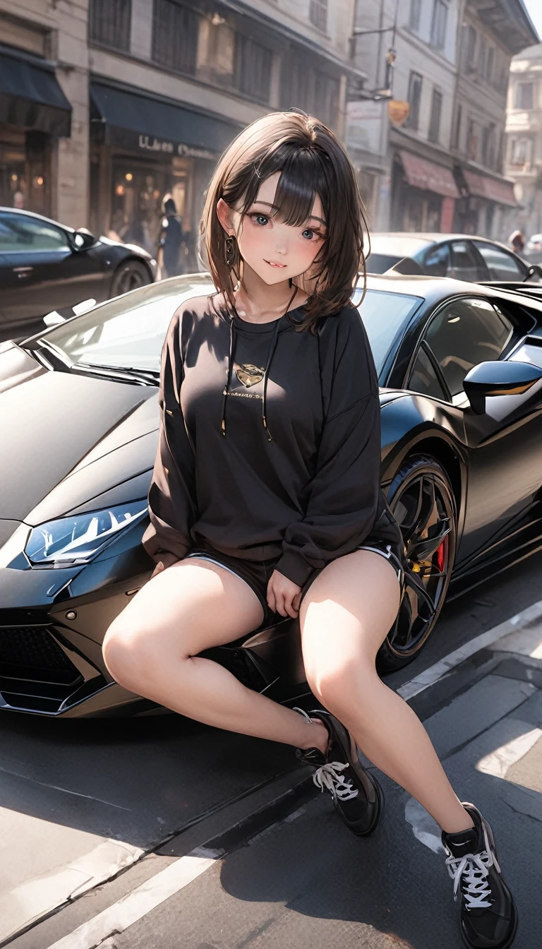 Masterpiece, Cute girl black sweatshirt shorts, sitting on a Lamborghini, best HD quality