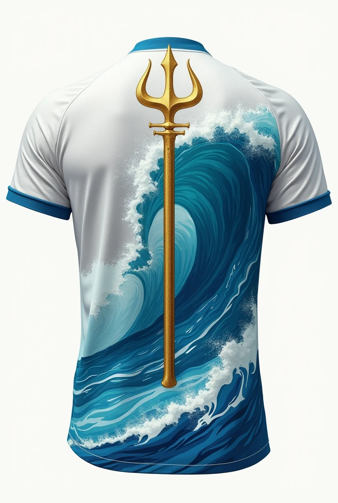 Faça uma camisa do interclasse white na frente, and on the back a wave design that reminds Poseidon. also make a staff by cutting the shirt number. realistic model, blue colors, white, and gold, plain background
* 正面: white and smooth, a timeless classic.
* coasts: A cartoon style design with vibrant blue waves, referring to the power of Poseidon. The jersey number will be cut by a golden staff, creating a striking visual effect.
* colors: cerulean (to the waves), offwhite (for the shirt and background) and gold (for the staff).
* styled: realisitic, with precise details in the waves and the staff.
* fund: smooth ass, to highlight the main design.
To help you visualize better, imagine:
* ripples: Big waves crashing, com espuma white e tons de azul que variam do claro ao escuro, creating a depth effect. The movement of the waves must transmit the strength and energy of the sea.
* staff: A golden staff, with carved details, diagonally across the shirt number. The tip of the staff may have a trident, symbol of Poseidon.
* number: The jersey number must be highlighted in a clear and legible font., preferencialmente em offwhite ou dourado.