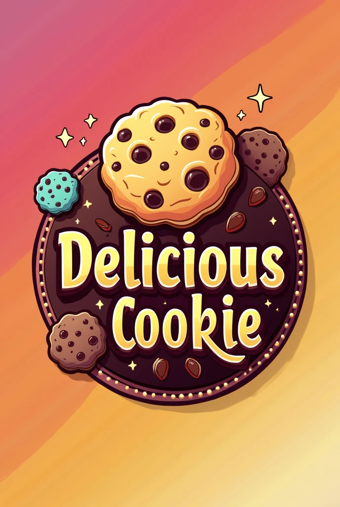 Design a logo for a cookie business with bright colors, and inside something related to cookies appears, with fun and youthful style with bright sparkles, that has the name in the center "delicious cookie" in Spanish with italics and gold color