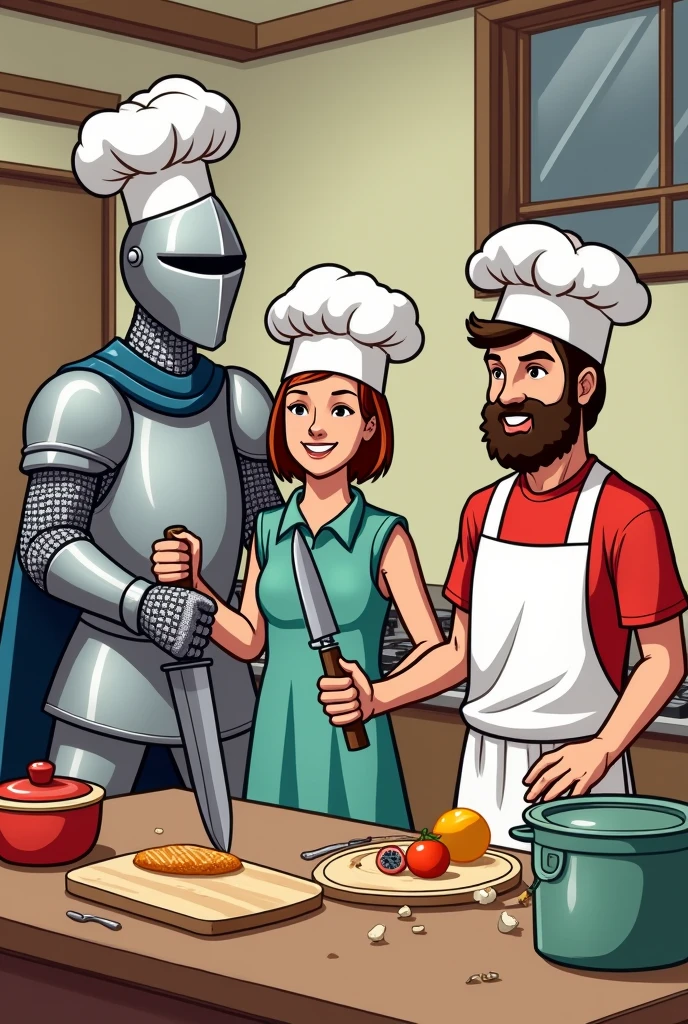Create a comic with the characters of a medieval knight ,tennis player and a javelin player who are more culina

