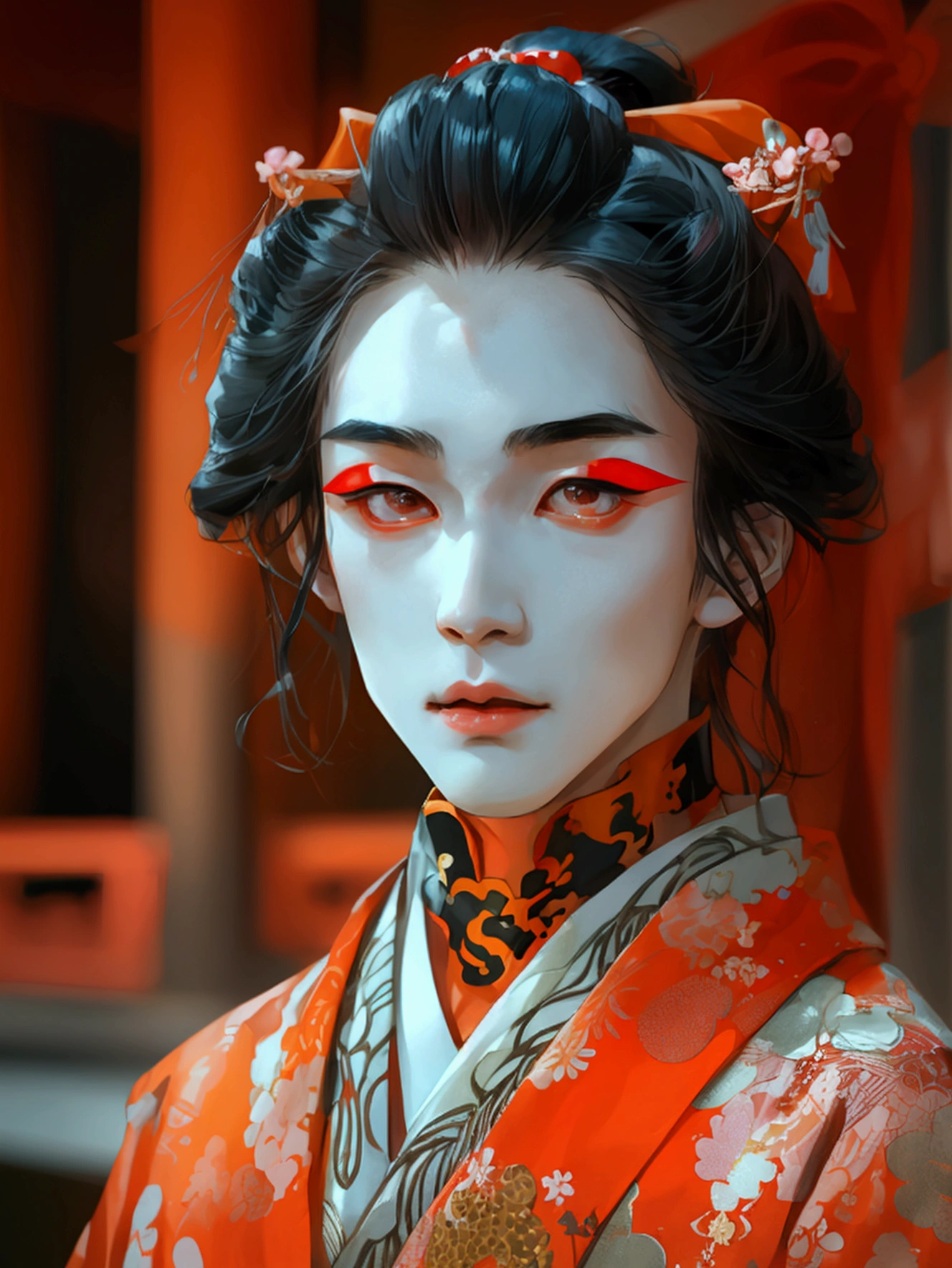 In a traditional Japanese theater, a slender young man, dressed in kabuki attire, with waist-length raven hair, pale-rosy skin, and striking brown eyes, embodies elegance and grace as he moves gracefully under the dimly lit stage.