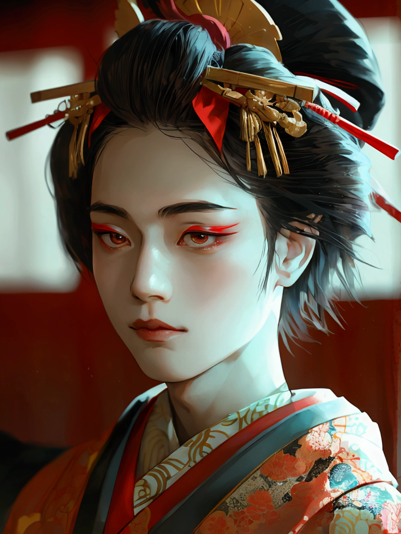 In a traditional Japanese theater, a slender young man, dressed in kabuki attire, with waist-length raven hair, pale-rosy skin, and striking brown eyes, embodies elegance and grace as he moves gracefully under the dimly lit stage.