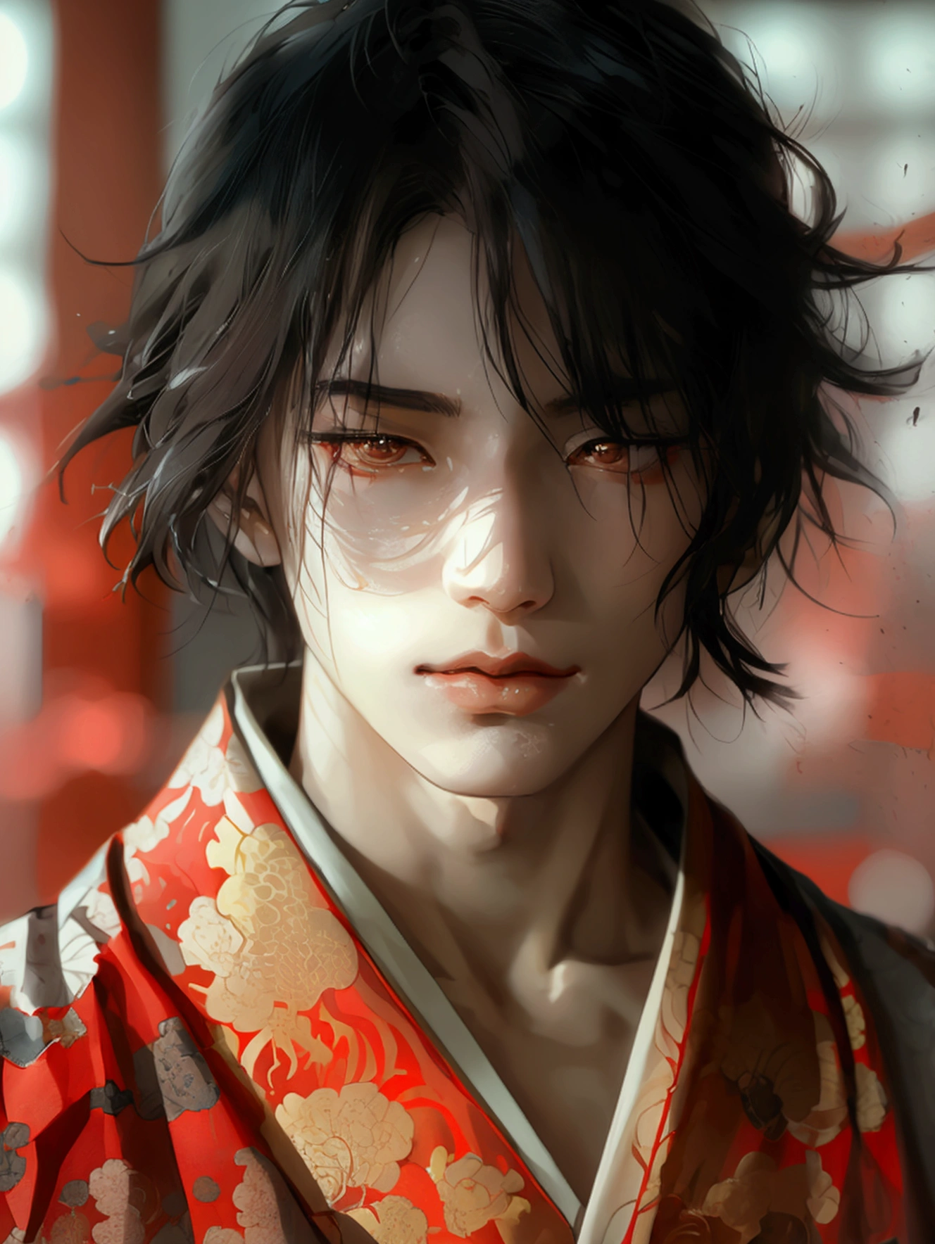 In a traditional Japanese theater, a slender young man, dressed in kabuki attire, with waist-length raven hair, pale-rosy skin, and striking brown eyes, embodies elegance and grace as he moves gracefully under the dimly lit stage.