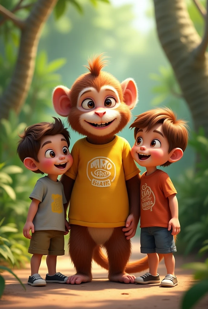 A female monkey named as ”momo” standing with 2 young boys also female monkey is wearing a shirt