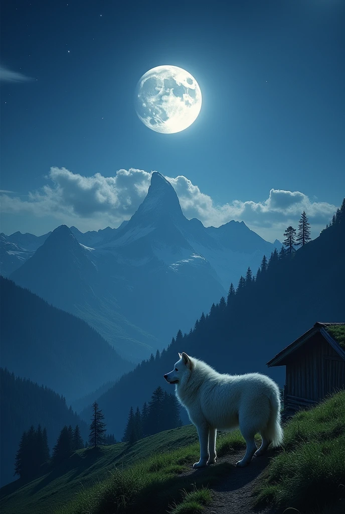 4K、photograph、Moonlit Night、White Samoyed、Swiss Alps、trail、Lush steppe、Wooden hut、cloud、star、Night Sky、Real、Silence of the Deep Sea、Shot with Canon EOS R5、RAW developed、High sharpness、Noise reduction、Depth