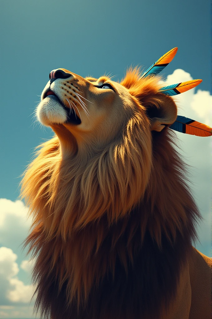 A lion&#39;s head looking up at the sky with Indian feathers in its mane 