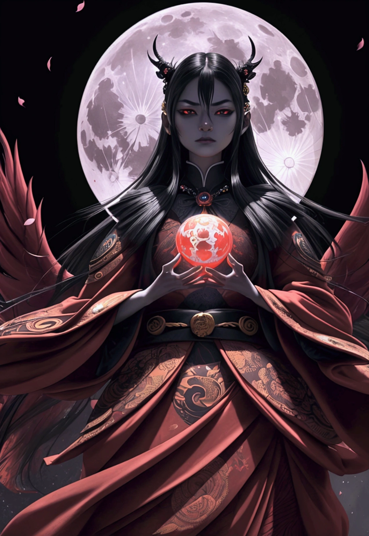 very detailed and surreal photographic image, fancy, Akira Hasegawa, Moon Deity Tengu, confusing and complex, posters, art station, (best qualityer,4K,8 mil,A high resolution,work of art:1.2),ultra detaild,(realisitic,photorealisitic,photo-realisitic:1.37),portraite,conceptual artwork,dramatic lighting,dark and moody environment,rich colors,glowing aura,detailed facial features,piercing eyes,sharp focus,ornate attire,powerful presence,floating in mid - air,sakura petals,full moon INFO
