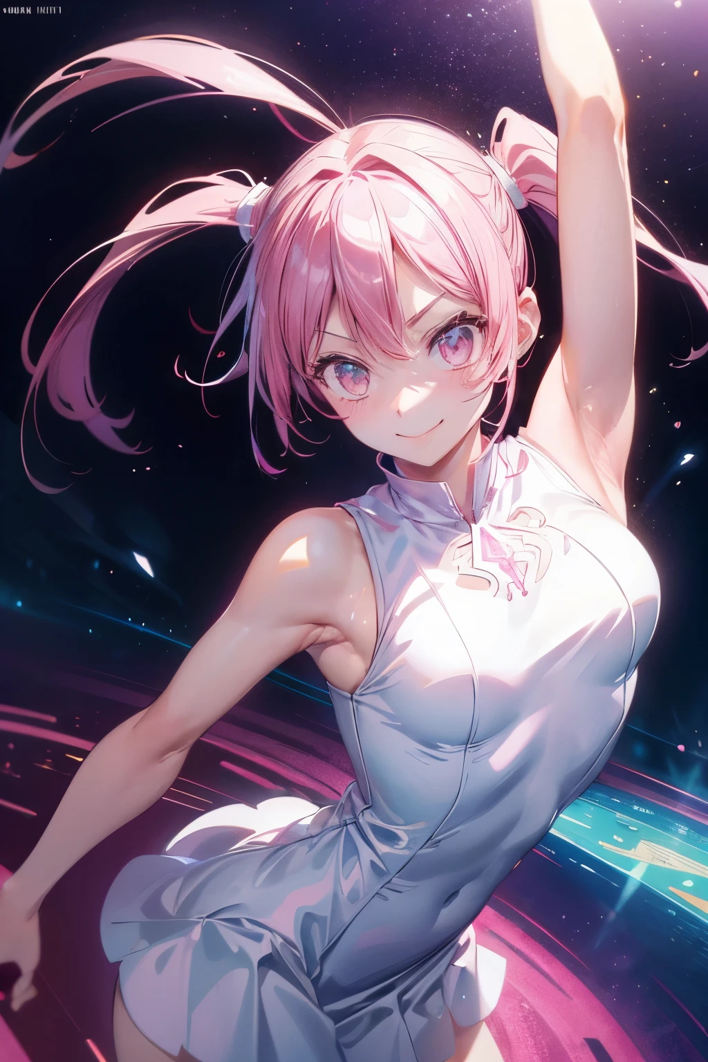 ((masterpiece: 1.2)),very detailed, ultra high resolution, high quality, HD, 1 woman,Very delicate and beautiful, (illustration), ((맑은 pink 눈)), white hair band, ((pink_hair)), ((twin tail)),WHO, ((White dress)), white shoes, pink,White stockings, ((armpit))and ((Side chest slightly))It looks like this, slim, swirling flames, clear face, Romantic Academia, movie lights, volume lighting, dynamic lighting,soft edges, soft lines,dynamic angle, dramatic lighting, warm lighting, soft lighting, fancy, ((smile)), Digimon, Upper body only, ((There are red birds flying around next to me.)), Meadow and sky background