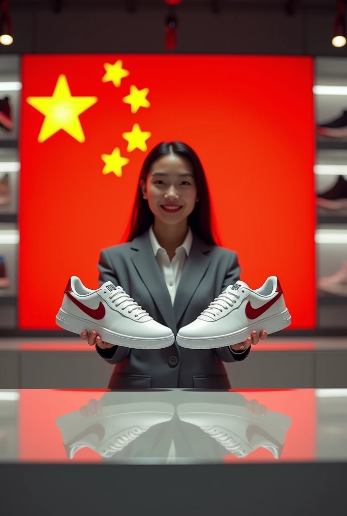 Asian saleswoman holding a pair of Nike sneakers in her store with a Chinese flag behind her