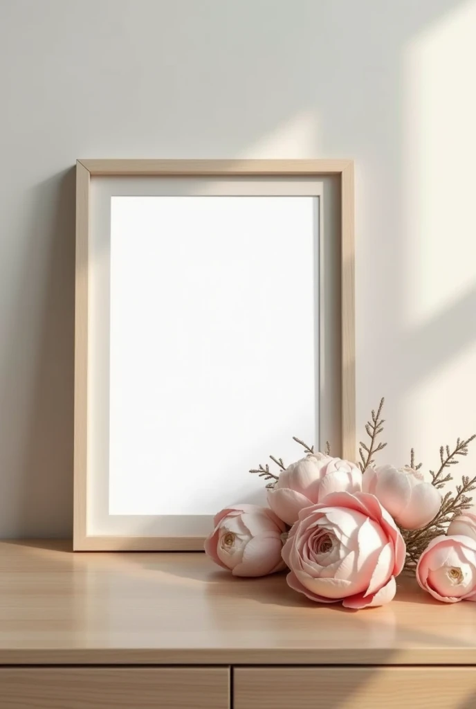 an empty picture frame on a modern night stand with flowers
