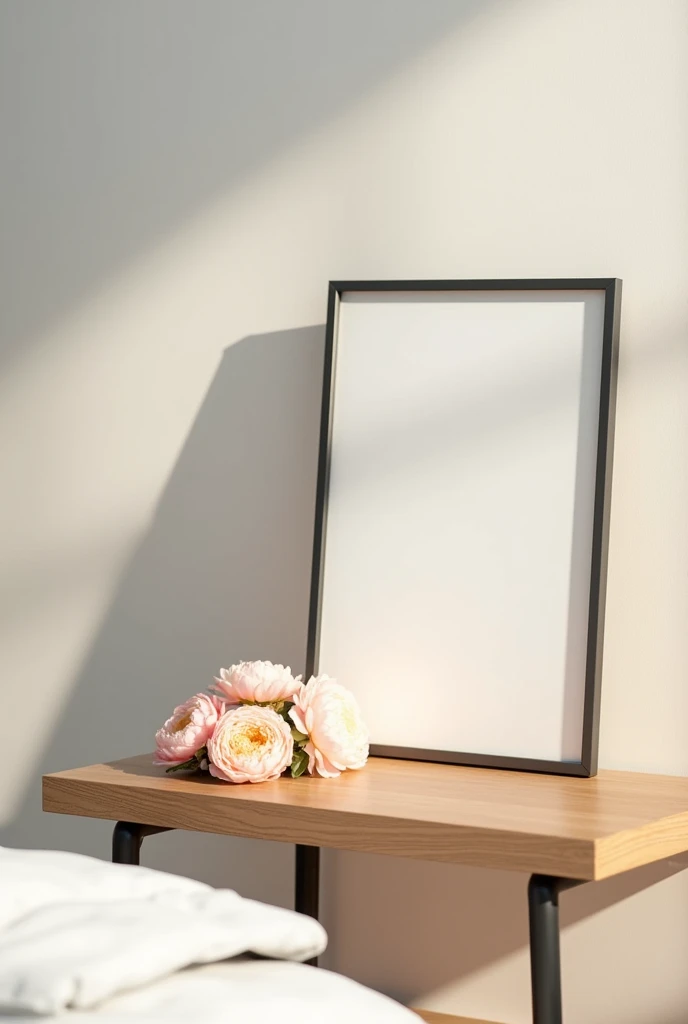 an empty picture frame on a modern night stand with flowers