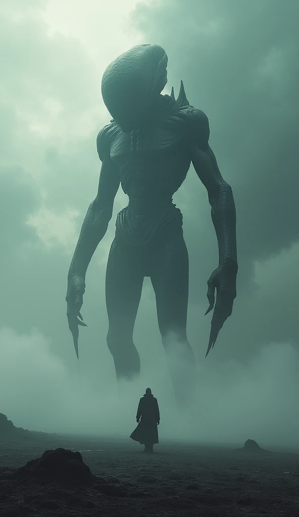 Gigantic alien walking across a plain in the distance amid fog, haze, haze, dark clouds, grimdark ,supense, unearthly, octan render, unreal engine , photorrealistic, hyper realism, highy detailed, high qualiy, intrincately detailed,Volumetric lighting, full character, 4K, ,hard disk ,Full HD, 8k, RTX, high resolution, detailed shadows, incredibily detailed, perfect, Dramatic scale
