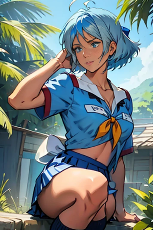 Recommended weight range: 0.9 to 1.Tips: Use inpaint to fix bows.Character:anna yanami, blue hair, medium hair, ahoge, blue eyesOutfit - School Uniform:school uniform, white collared shirt, short sleeves, blue bow, yellow bow, grey pleated skirt, blue kneehighs, brown footwearOutfit - Swimsuitswimsuit, collarbone, cleavage, blue bikini, print bikini, navel, side-tie bikini bottom