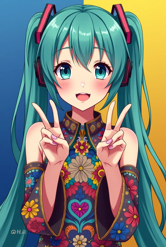 Hatsune Miku with the Sgt. pepper costume, hippie cord, making the peace and love symbol with a hand, perfect and balanced harmonic draw hands, at the background the flags of Russia and Ukraine