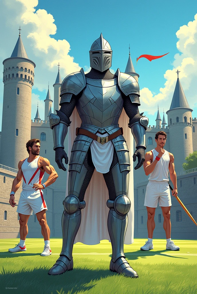 Create a comic with the characters of a medieval knight ,male tennis player and a male javelin player