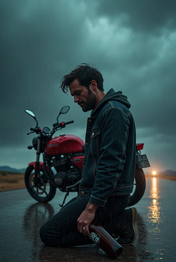 Aa men standing in rain and there is a thunder and rain sidd on his knee and crying soo much he was standing in frontof bike and clouds are black colour and there will be aa one beer bottle in his hand and one gt bike red colour there will no people on the highway road