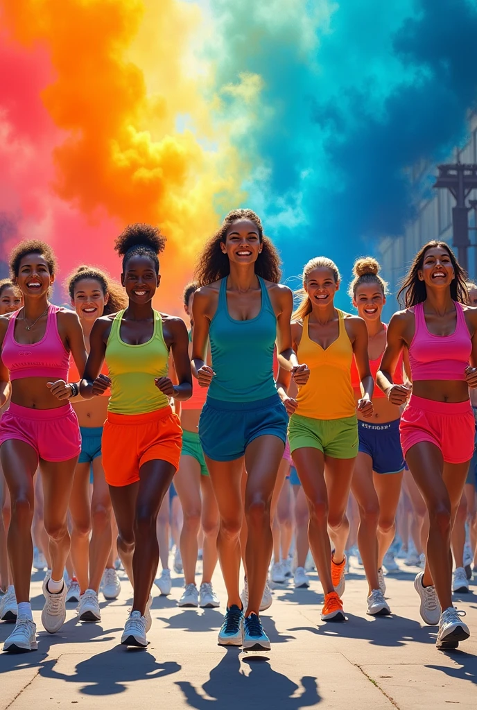 Image with 14 women going to the gym on a color explosion background