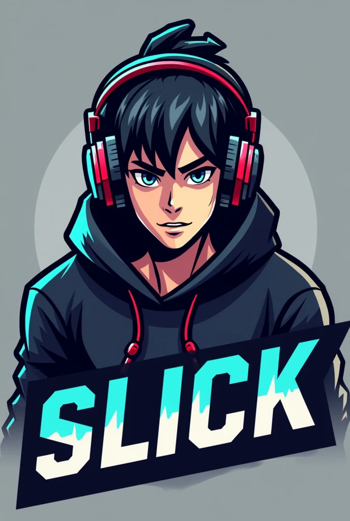Create a logo of a gamer boy wearing headphones and a black hoodie, e abaixo dele, write in blank "slick"
