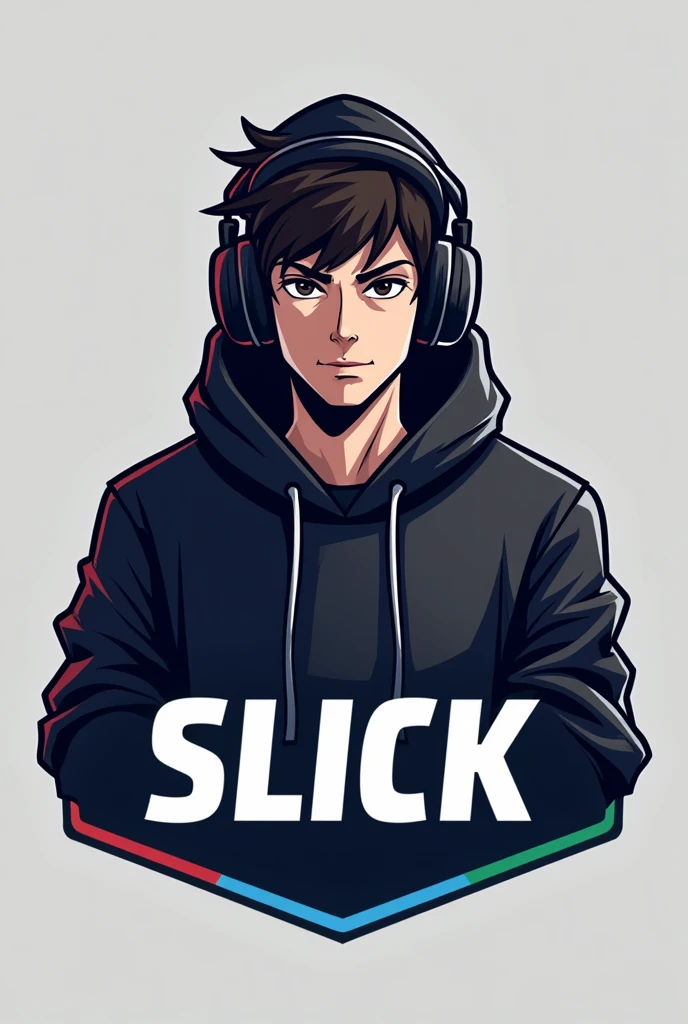 Create a logo of a gamer boy wearing headphones and a black hoodie, e abaixo dele, write in blank "slick"