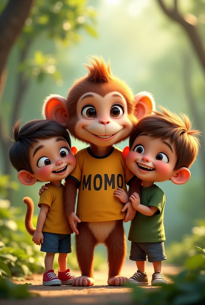 A female monkey named as ”momo” standing with 2 young boys also female monkey is wearing a shirt write momo on her shirt