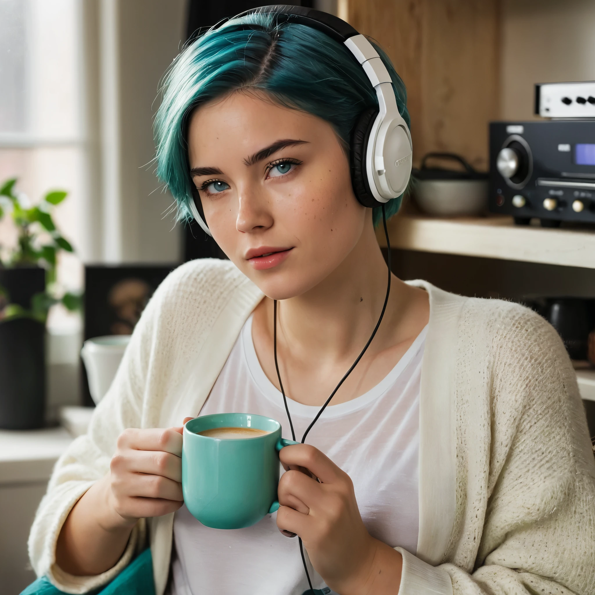 Woman, 20 Years Old, Nordic Ethnicity, short blue hair with a perfect face and light freckles, Blue-Green Eyes, sitting comfortably in a cozy, well-lit studio corner, with a relaxed and focused expression. She’s holding a cup of coffee in one hand and adjusting her headphones with the other. A slightly elevated three-quarter angle, showing her from the waist up. Soft, warm lighting gently highlights her features, with natural light from a window creating a serene atmosphere. Subtle, blurred elements like a shelf with coffee beans, a record player, and studio gear in the background, slightly out of focus to keep attention on her. The scene is warm, inviting, and serene, with a focus on her connection to both coffee and music. ((Color palette - turquoise, neon green, yellow shades))