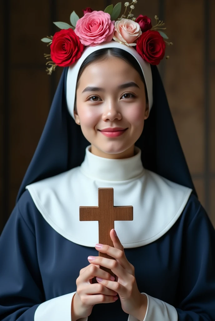 Woman with sweet face smiling with dark navy blue and white nun's veil and crown of red pink roses with a cross in her hand real photo