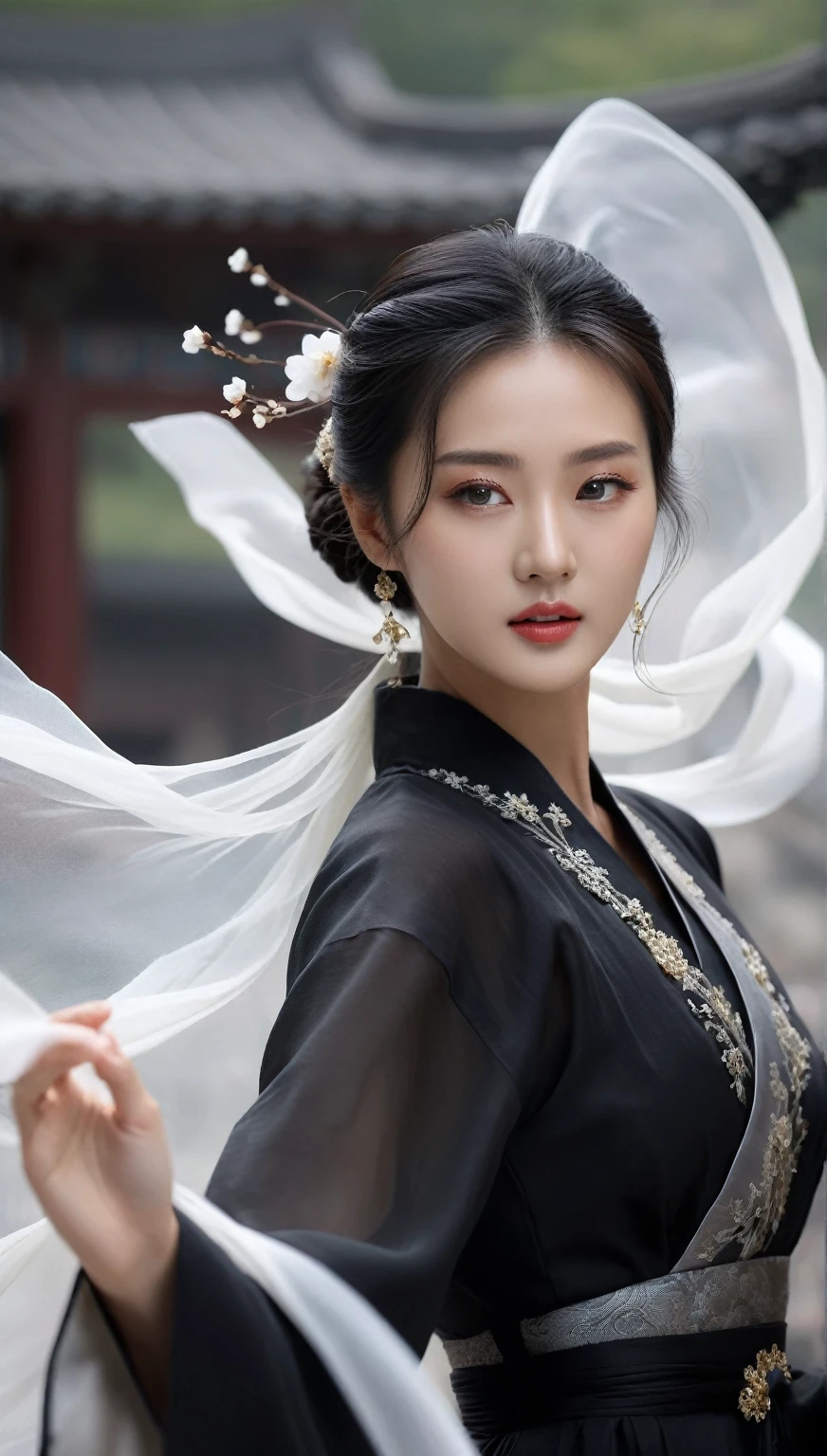 beautiful Korean woman, (((Mikamaria))), (motion blur:1.3), abnormally stunning beautiful face, black and white close-up, woman in intricate pure black hanbok dress, Flying in the air like a Chinese movie, spinning frantically, translucent tingling air particles on dress hem, in ancient china, professional fashion photography, UHD, 4k, 8k