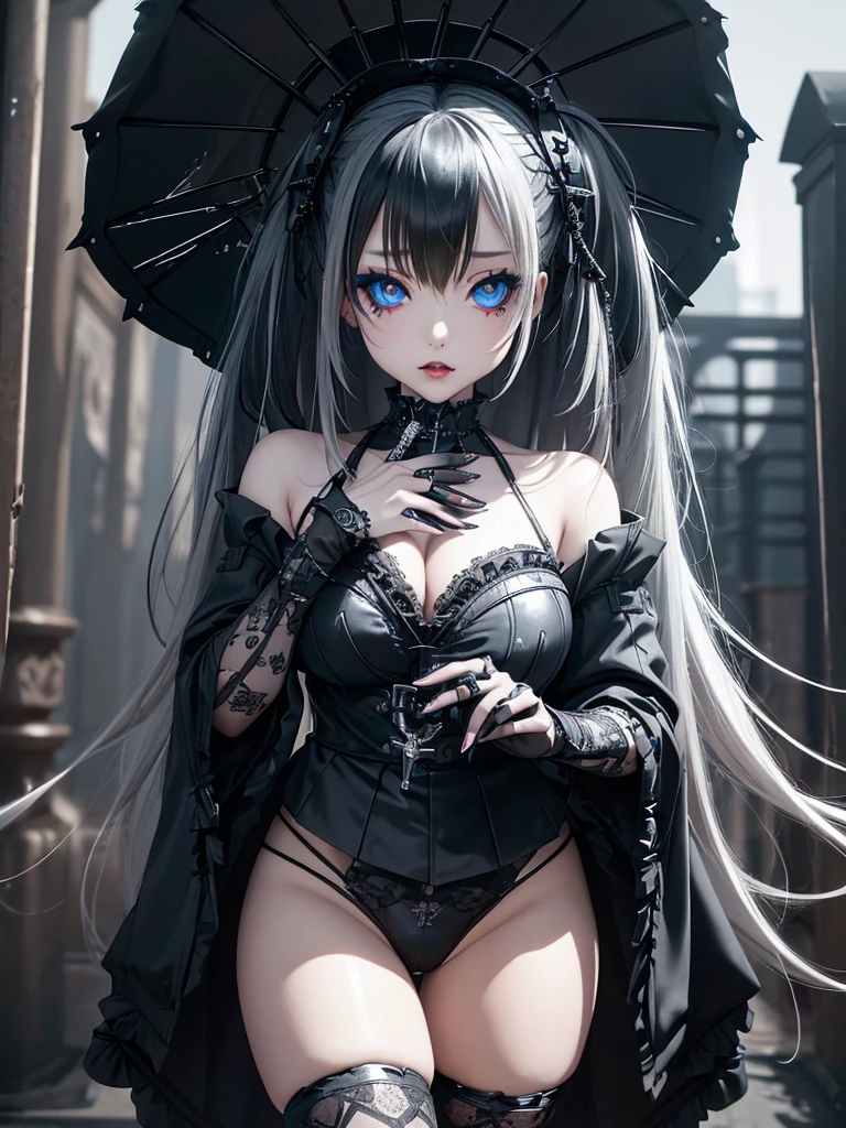  A gothic punk goth girl, perfect face, beautiful Asian woman with long White hair in White curls and coils, very cute and           beautiful girl, (highly detailed beautiful face), high detailed fingers, (wearing panties, topless), detailed face,
]cowboy shot, looking at viewer, Standing, white panties. intricate details, cinematic scene, detailed background, solo, dynamic angle,  ((beautiful big blue eyes looking down at the viewer, black shiny lipstick, perfect Asian goth cyber makeup)) double d breast, detailed cute face, white hair, gothic punk fashion, highly detailed gothic fashion, short skirt, heavy make up,),(dark black lipstick), size, Backlight effect, lens flare, depth of fields, blurry background, Detailedface,1 girl, Detailed eyes, ,(thigh up shot image :1.5), Black gloves. Walking in the rain. Moonlight shines on her face. Sombre setting 