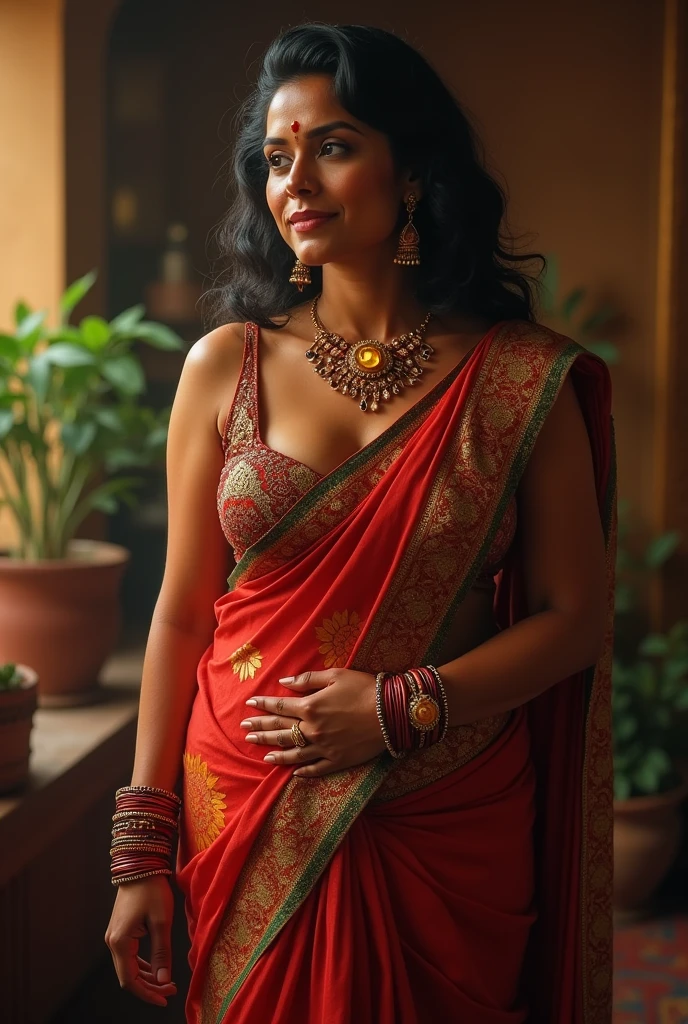 A 50 year old curvy indian woman wearing a sleeveless saree showing her armpits, navel and breasts. She should be in a traditional indian attire also wearing lots of jewelry. Her body should be curvy and seductive.