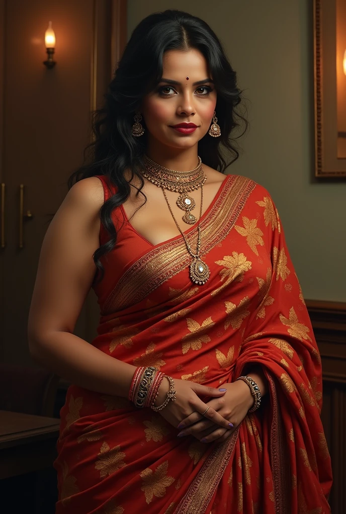 A 50 year old curvy indian woman wearing a sleeveless saree showing her armpits, navel and breasts. She should be in a traditional indian attire also wearing lots of jewelry. Her body should be curvy and seductive.