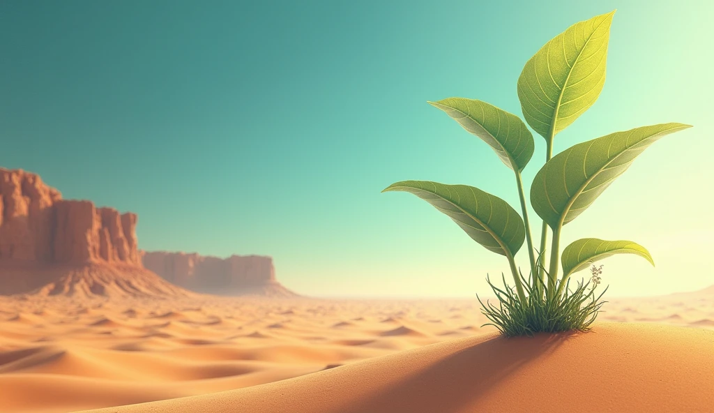 Plant on the right side of a desert illuminated by sunlight