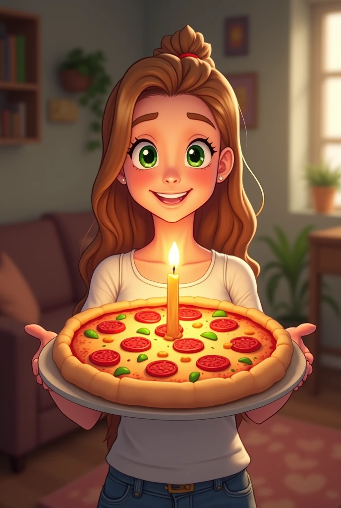 I want to congratulate my friend on his 27th birthday today. He likes pizza, and I would like the pizza to have a 27th birthday candle on it. I'm 2 with long light brown hair and green eyes. I would also like the image to be an animation (like a cartoon) showing me bringing a birthday pizza to him
