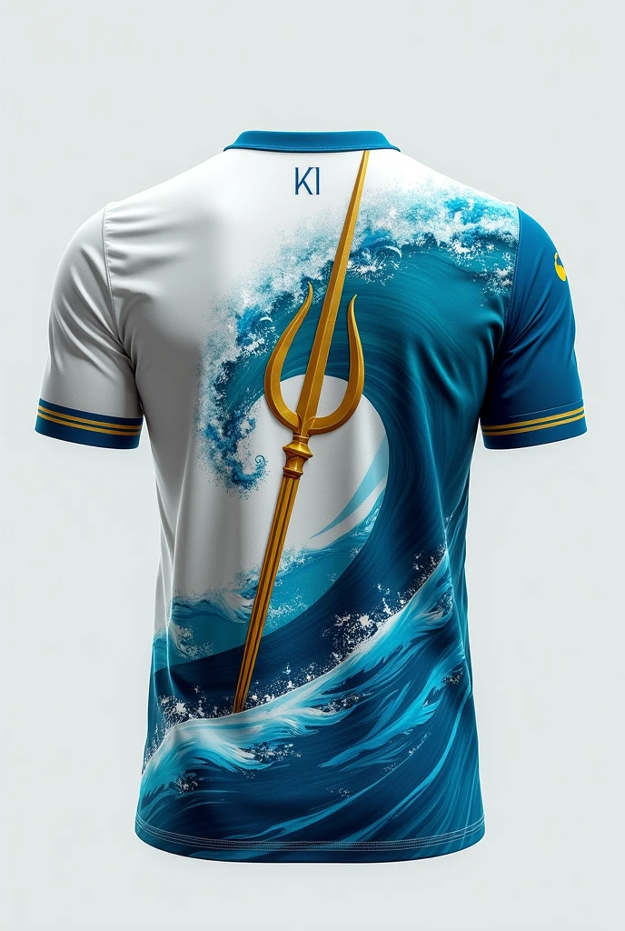 Faça uma camisa do interclasse white na frente, and on the back a wave design that reminds Poseidon. also make a staff by cutting the shirt number. realistic model, blue colors, white, and gold, plain background
* coasts: An anime-style design featuring several vibrant blue waves, referring to the power of Poseidon. The jersey number will be cut by a golden staff, creating a striking visual effect.
* colors: cerulean (to the waves), offwhite (for the shirt and background) and gold (for the staff).
* styled: realisitic, with precise details in the waves and the staff.
* fund: smooth ass, to highlight the main design.
To help you visualize better, imagine:
* ripples: Big waves crashing, com espuma white e tons de azul que variam do claro ao escuro, creating a depth effect. The movement of the waves must transmit the strength and energy of the sea.
* staff: A golden staff, with carved details, diagonally across the shirt number. The tip of the staff may have a trident, symbol of Poseidon.
* number: The jersey number must be highlighted in a clear and legible font., preferencialmente em offwhite ou dourado.