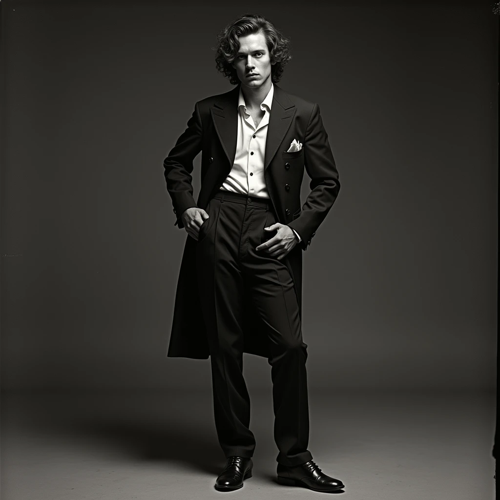 high fashion photography of a man wearing (retro 70s clothes),standing straight,hand on hip,looking at camera,high contrast,photo by Julia Margaret Cameron 