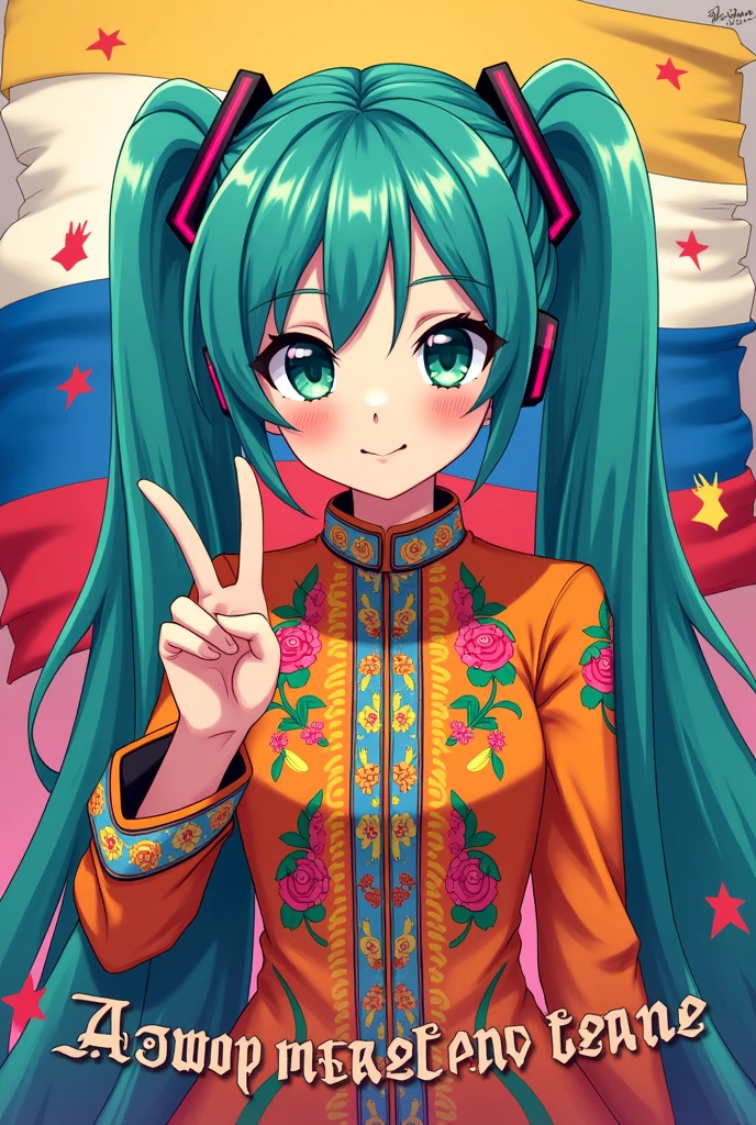 Hatsune Miku with the Sgt. pepper costume, hippie cord, making the peace and love symbol with a hand, perfect and balanced harmonic draw hands, at the background the flags of Russia and Ukraine, in the front the words: "All you need is love"