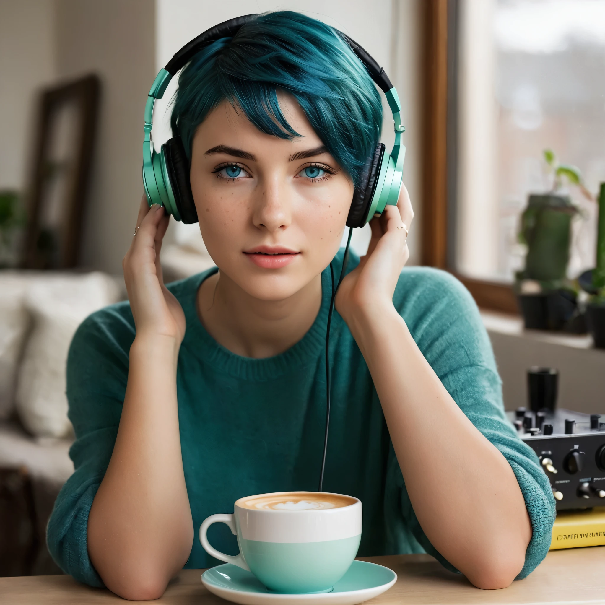 Woman, 20 Years Old, Nordic Ethnicity, short blue hair with a perfect face and light freckles, Blue-Green Eyes, sitting comfortably in a cozy, well-lit studio corner, with a relaxed and focused expression. She’s holding a cup of coffee in one hand and adjusting her headphones with the other. A slightly elevated three-quarter angle, showing her from the waist up. Soft, warm lighting gently highlights her features, with natural light from a window creating a serene atmosphere. Subtle, blurred elements like a shelf with coffee beans, a record player, and studio gear in the background, slightly out of focus to keep attention on her. The scene is warm, inviting, and serene, with a focus on her connection to both coffee and music. ((Color palette - turquoise, neon green, yellow shades))