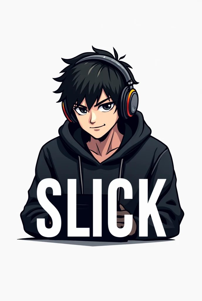 Create a logo of a gamer boy wearing headphones and a black hoodie,with black hair, e abaixo dele, write in blank "slick"