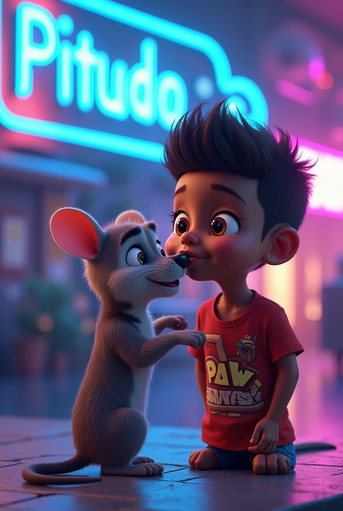 Black boy with long ears licked by a rat ,with a Paw Patrol shirt and a blue LED sign that says pitudo