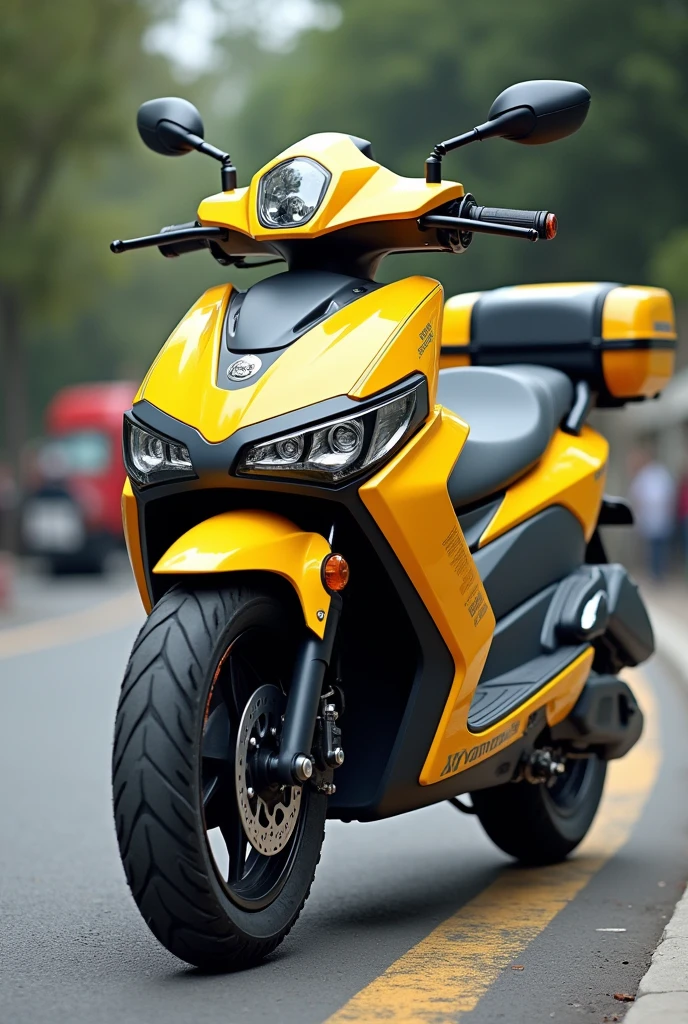 Automatic scooter motorcycle 250cc yellow with grey and white rescue type metal exoskeleton with suitcases on the sides and back, high loading area, round headlights like a Yamaha BWS with textosterone