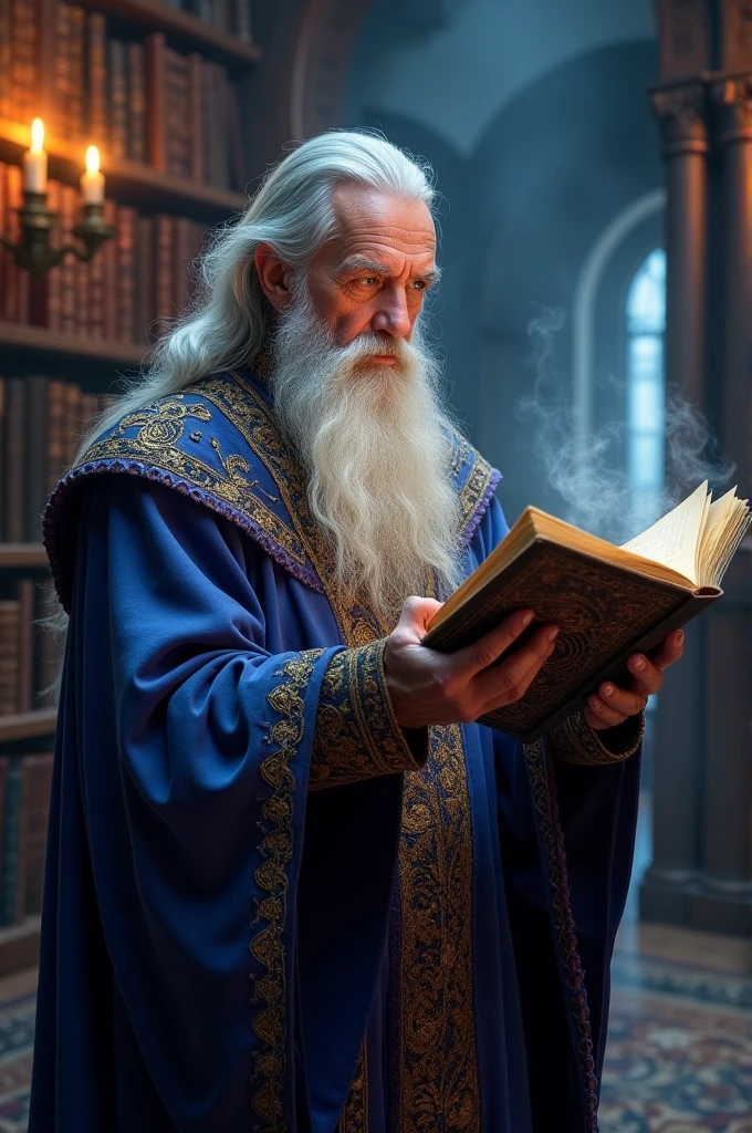 Create a medieval European male wizard character, with a spell book in his hand