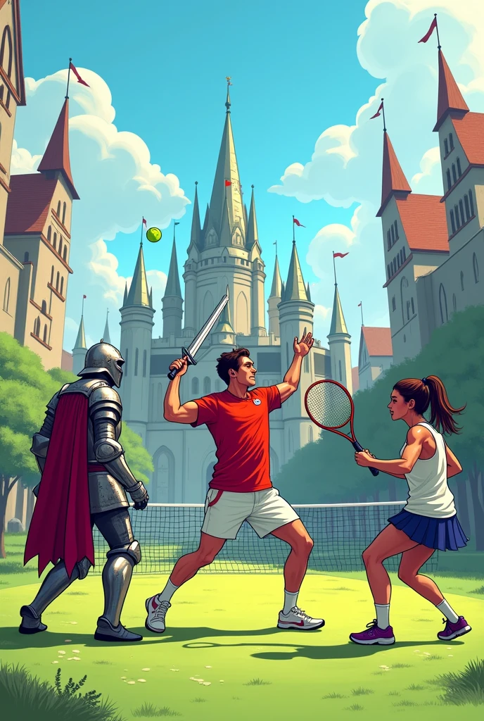 Create a comic with the characters of a medieval knight ,tennis player and a male javelin playerthe javelin player is in the middle