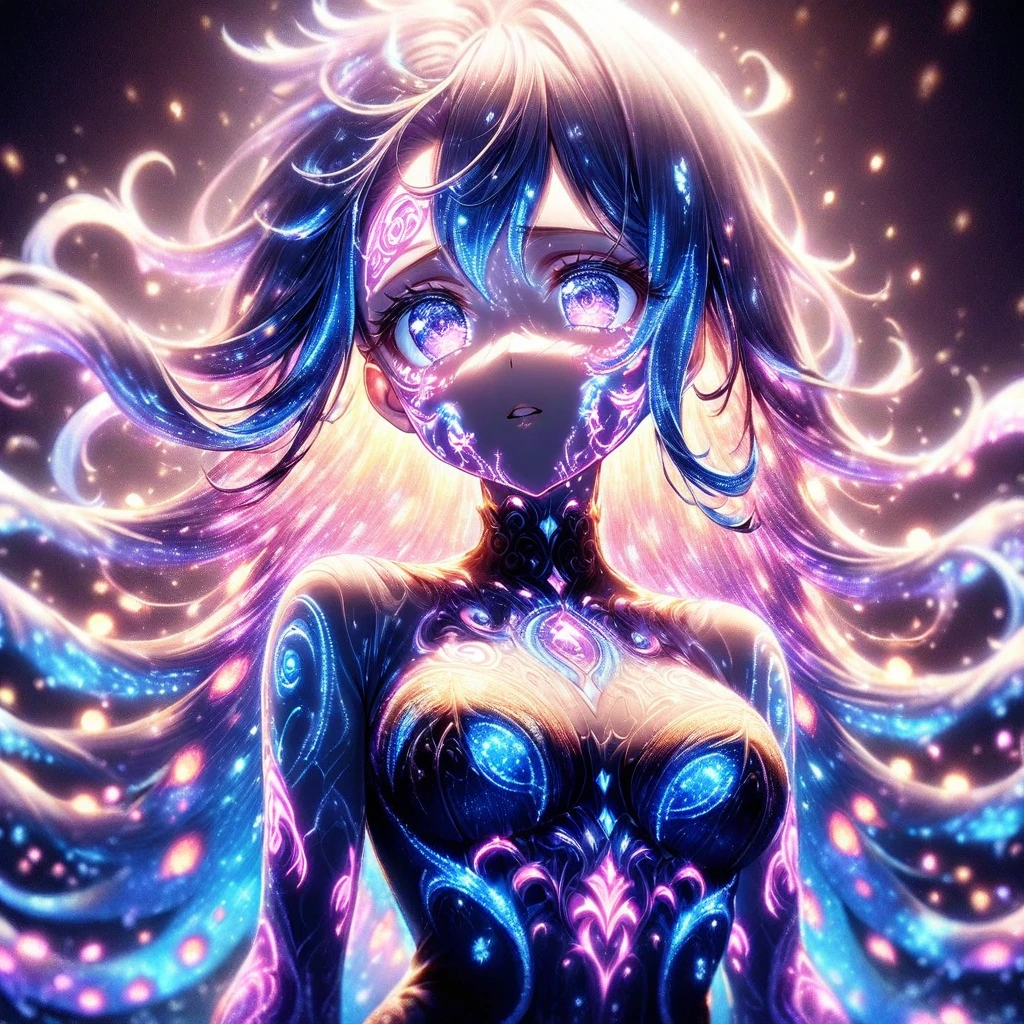 Close-up of face、Artistic anime illustration of a woman with glowing flame tentacle tattoos on her face。 The tattoo on his face is a mix of purple and dark.、It emits light。 The girl has long, flowing hair.、She is wearing a white off-the-shoulder, stomach-flattering dress.、This scene has a dreamy soft focus effect.、 It emphasizes the fantastic shine of the tattoo.、