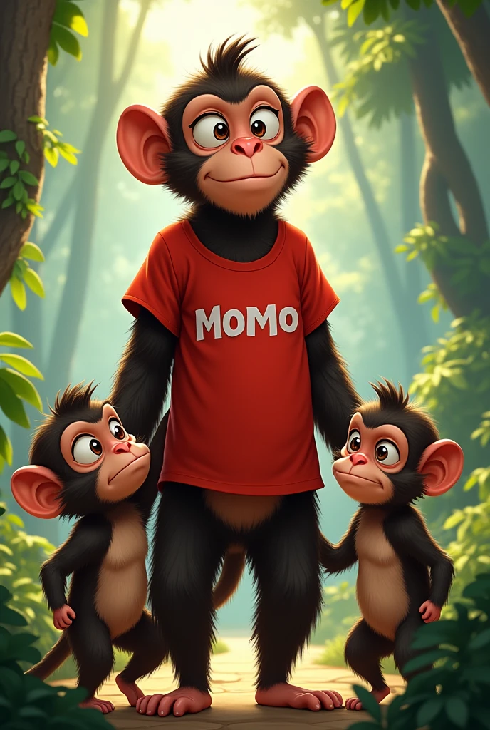 A female monkey named as ”momo” standing with 2 young boys also female monkey is wearing a shirt write momo on her shirt and young boys looking at her with anger